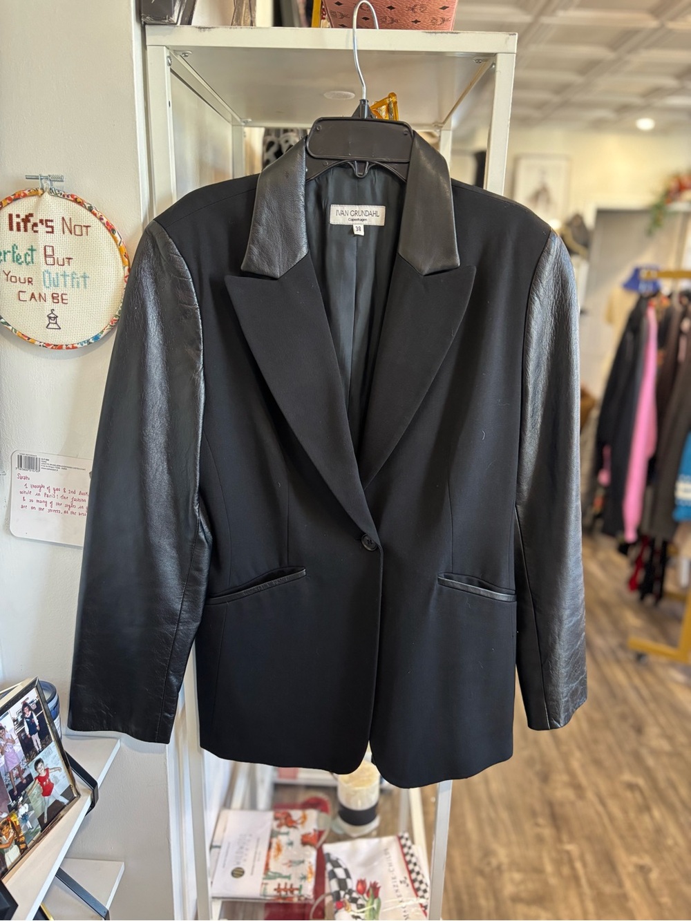 Ivan Grundahl Black Leather-Trim Single-Button Blazer